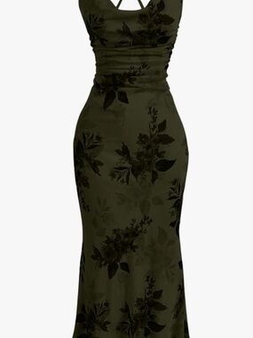 Olive Green Floral Midi Dress